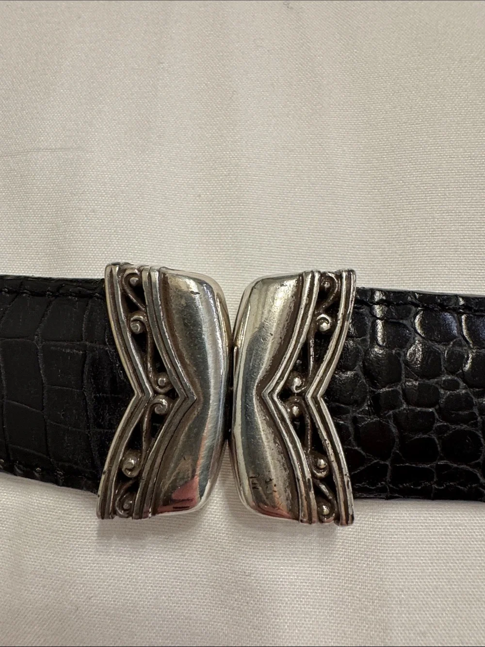 Vintage Brighton Reversible Croc-Embossed Leather Belt w/Ornate Silver Buckle